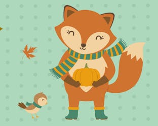 Fox and bird wrapped in scarfs ready to celebrate Thanksgiving
